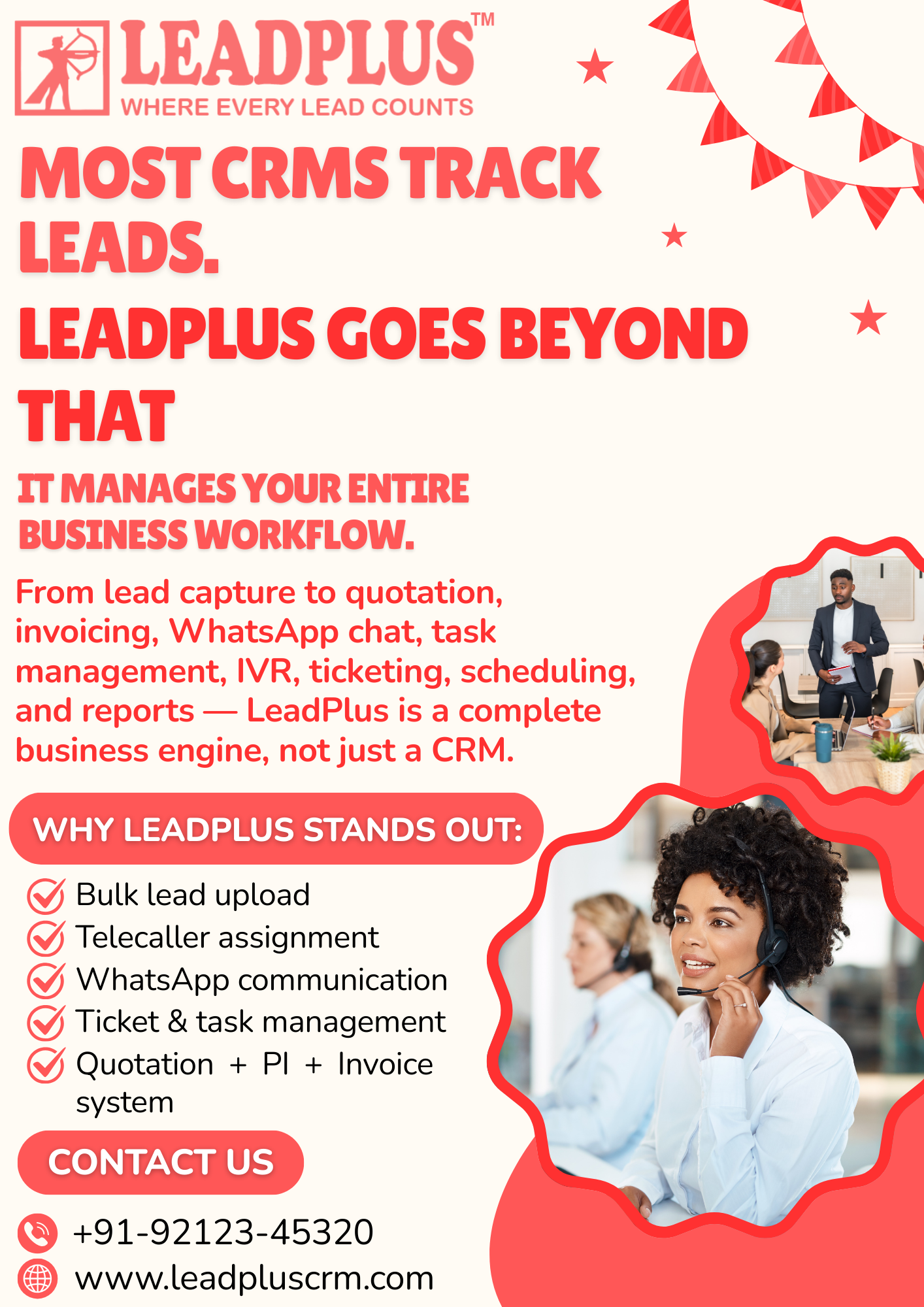 A split-screen image contrasting a typical, confusing CRM dashboard with the streamlined, comprehensive interface of LeadPlus, highlighting specific tools like IVR and WhatsApp integration.